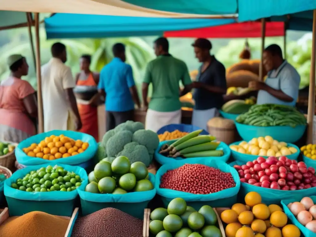 Un mercado al aire libre en Mayotte con una colorida variedad de productos frescos, reflejando la gastronomía francesa tradicional innovadora