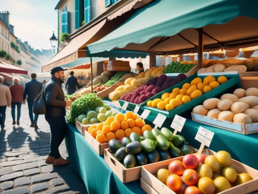 Mercado francés: colores, sabores y tradición Un mercado al aire libre en Francia con coloridos puestos de frutas, verduras, queso y baguettes