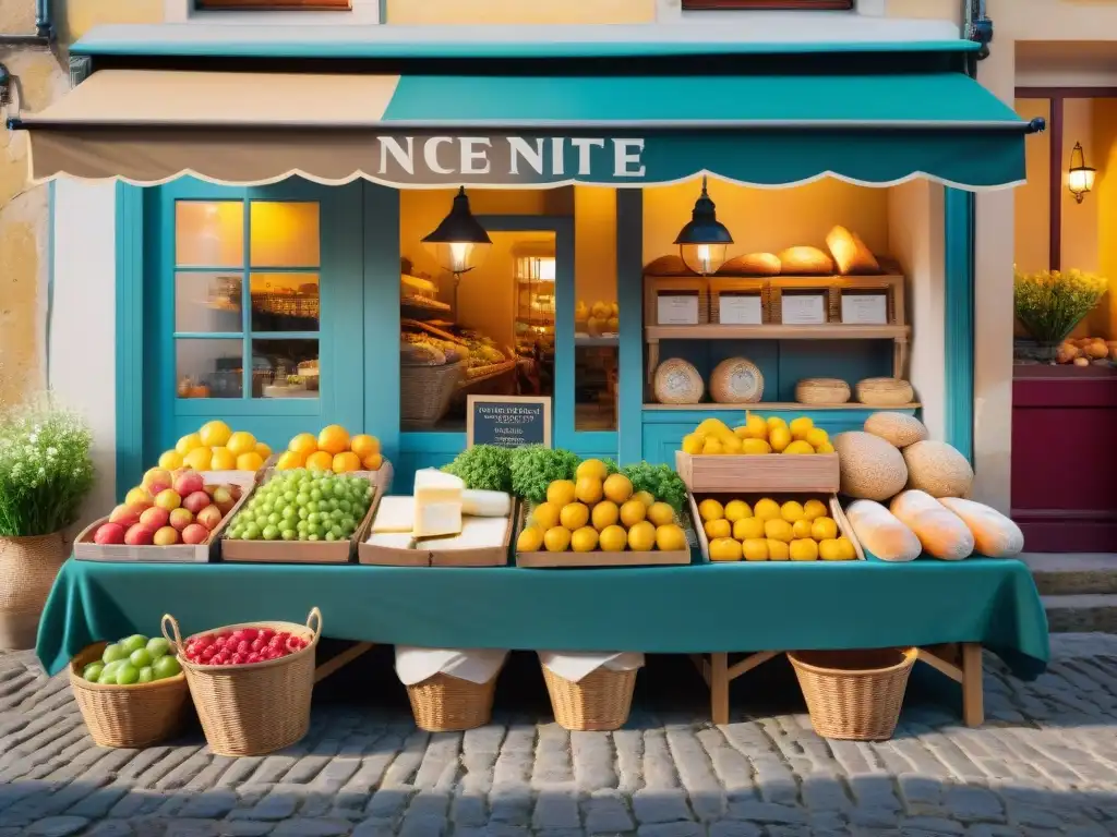 Mercado al aire libre en un encantador pueblo francés, lleno de coloridas frutas y quesos