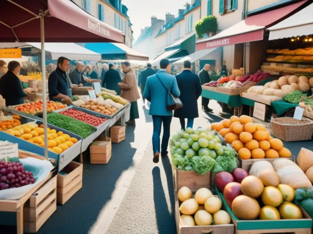 Un mercado al aire libre en Francia muestra la esencia de la Dieta Francesa equilibrada y saludable con productos frescos y coloridos