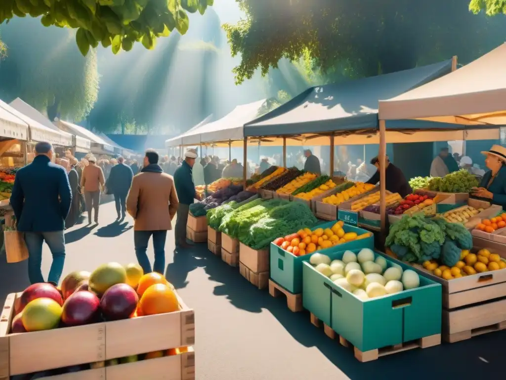 Un mercado al aire libre en Francia con frutas y verduras frescas, gente diversa y atmósfera cálida