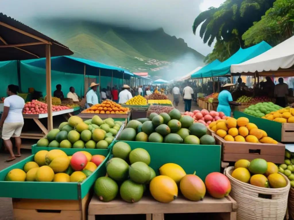 Mercado al aire libre en Guadalupe con frutas exóticas y especias caribeñas