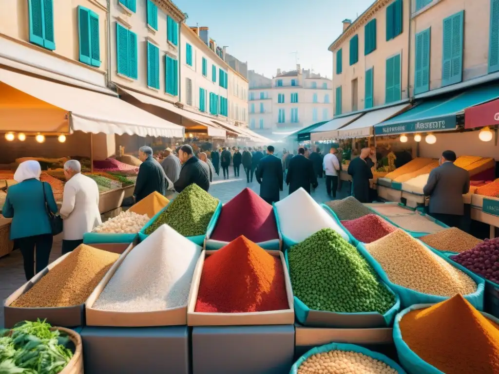 Mercado al aire libre en Marsella con influencia gastronomía árabe en Francia