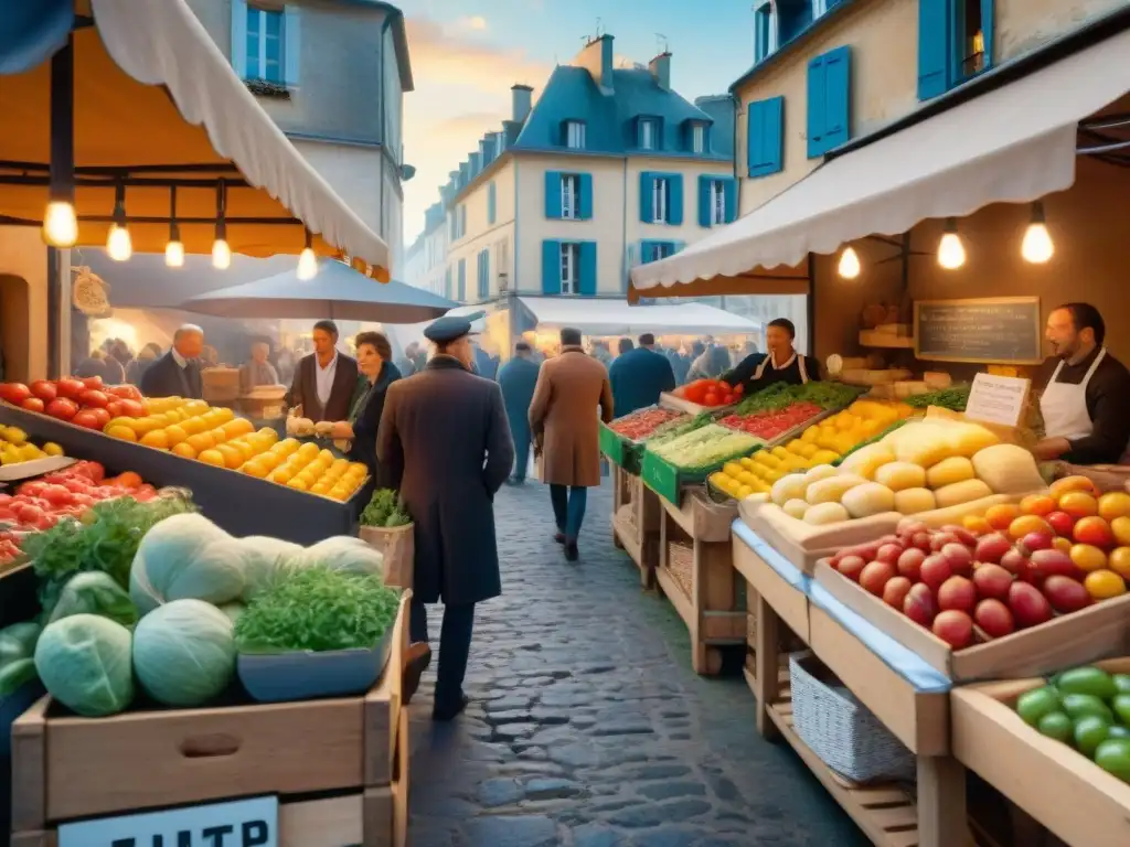 Un mercado al aire libre en Francia con ingredientes frescos de la gastronomía francesa