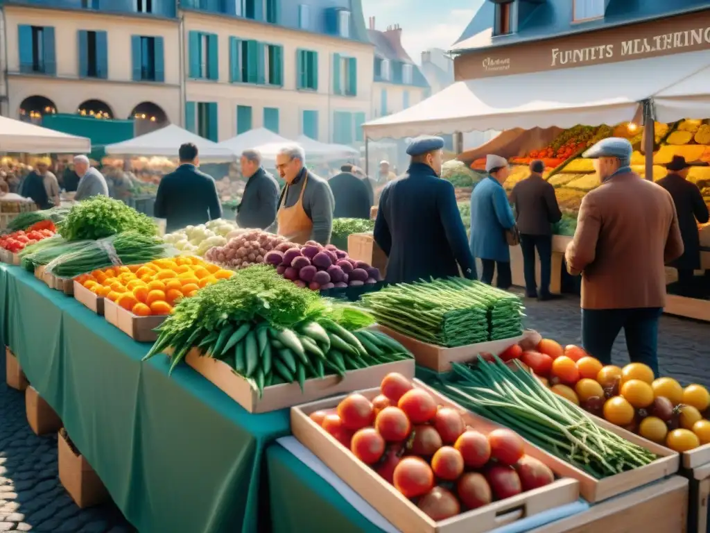 Un mercado al aire libre en Francia con legumbres frescas y coloridas