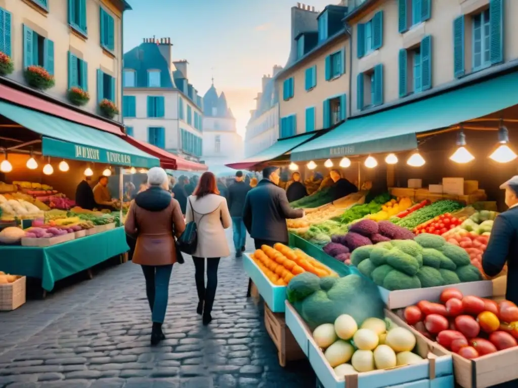 Un mercado al aire libre en Francia, lleno de vida y color con productos frescos