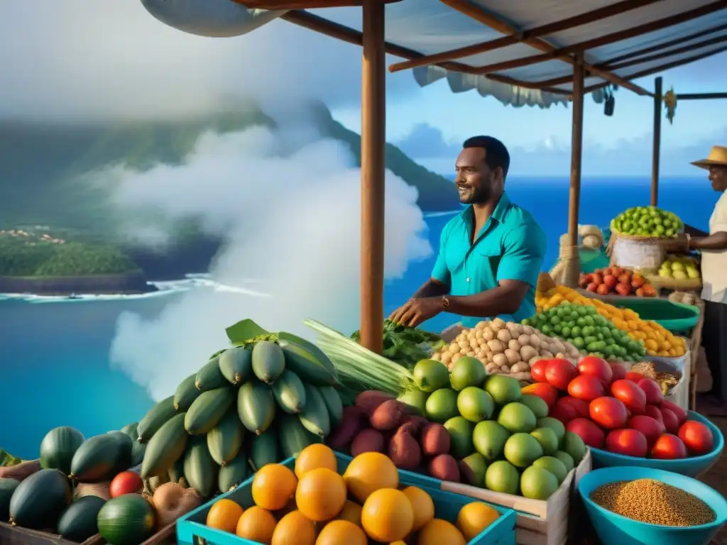 Un mercado al aire libre en Mayotte, lleno de coloridos puestos que exhiben productos locales frescos, como frutas exóticas, especias y mariscos