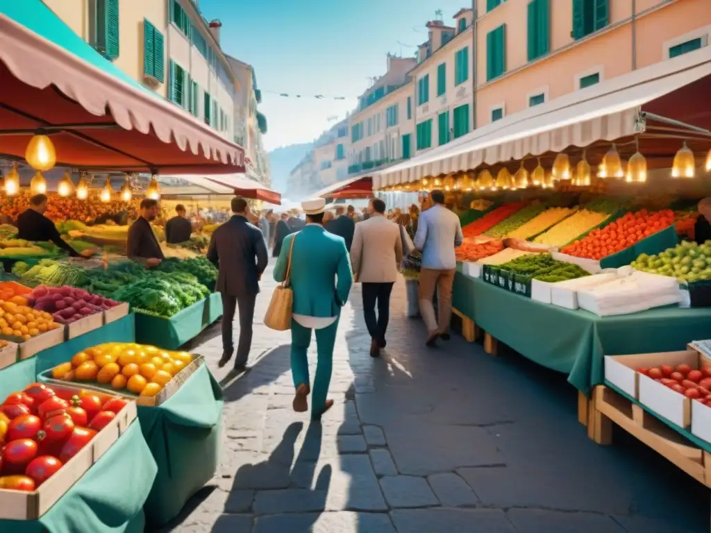 Un mercado al aire libre en Niza rebosante de colores y vida, capturando la esencia de la gastronomía francesa en Niza