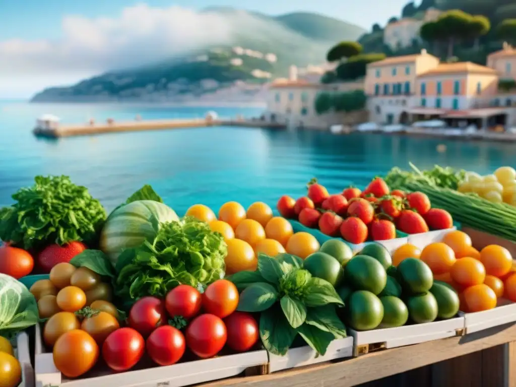 Un mercado al aire libre en la pintoresca Riviera Francesa, resaltando la alimentación saludable y la atmósfera costera