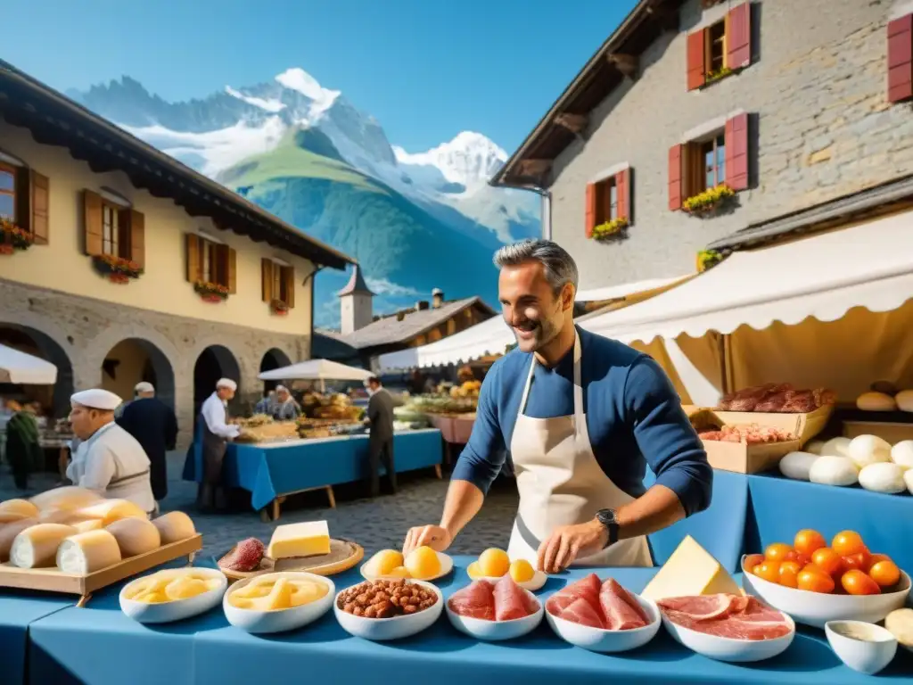 Un mercado al aire libre en un pintoresco pueblo de montaña en Valle de Aosta, Italia, con influencia culinaria francesa