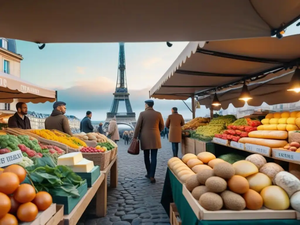 Mercado al aire libre en Francia con productos frescos y coloridos, vendedores locales y la Torre Eiffel de fondo