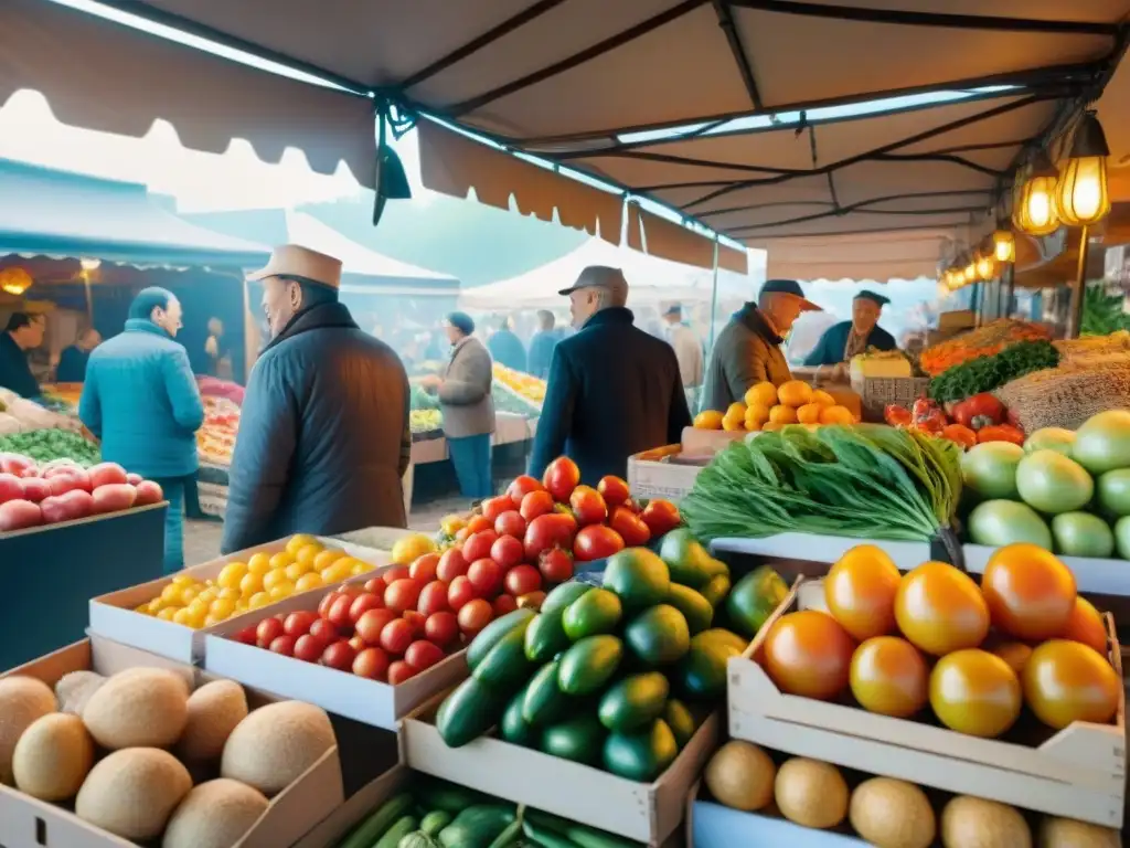 Un mercado al aire libre en Francia con productos frescos y coloridos