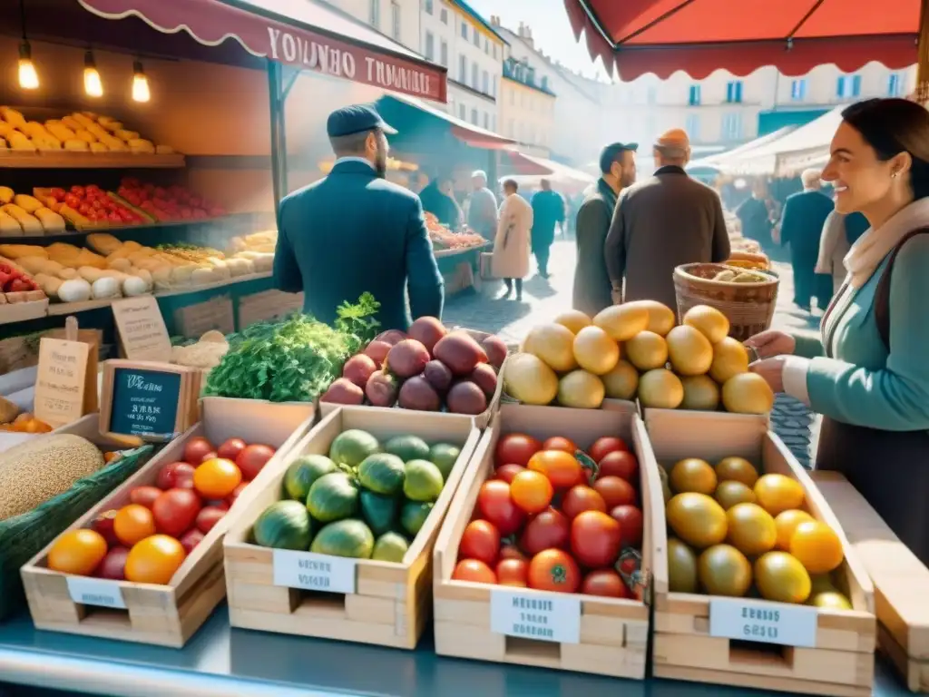 Un mercado al aire libre en Lyon, Francia, con productos locales vibrantes y vendedores interactuando con clientes