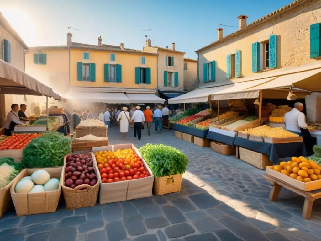 Un mercado al aire libre en Provenza, Francia, rebosante de coloridos productos mediterráneos