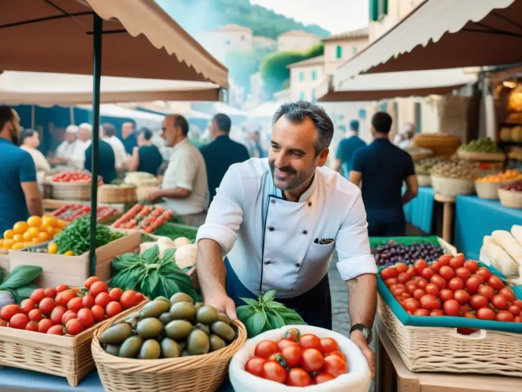 Un mercado al aire libre en Provenza: influencia culinaria italiana en Francia con productos frescos y coloridos