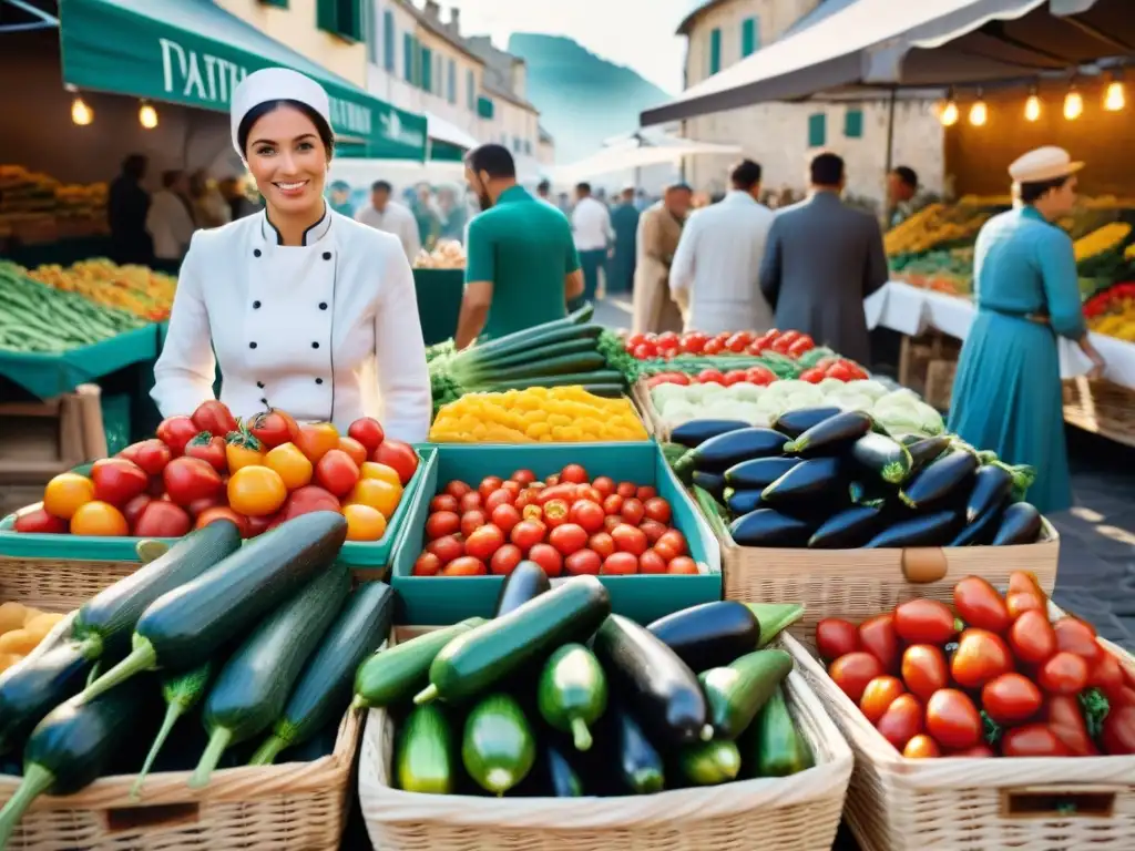 Un mercado al aire libre en Provenza, Francia, rebosante de verduras frescas y vendedores locales, evocando la historia y la receta de Ratatouille