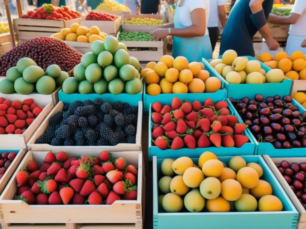 Un mercado al aire libre en Provenza, Francia, rebosante de frutas frescas y vibrantes bajo el cálido sol mediterráneo