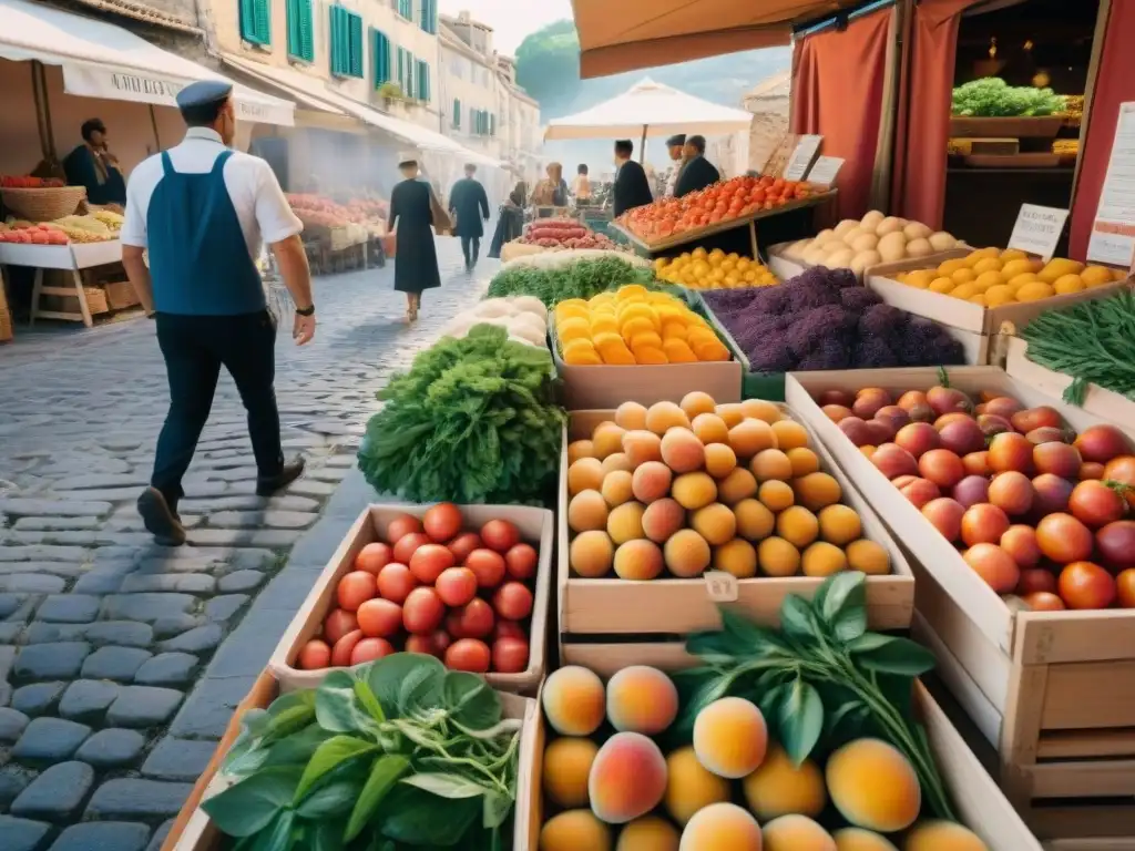 Un mercado al aire libre en Provenza con coloridos puestos rebosantes de productos frescos bajo el cálido sol dorado