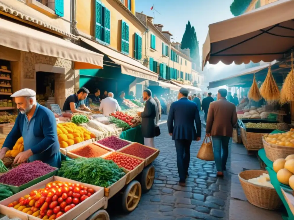 Un mercado al aire libre en Provenza, Francia, rebosante de colores y sabores mediterráneos