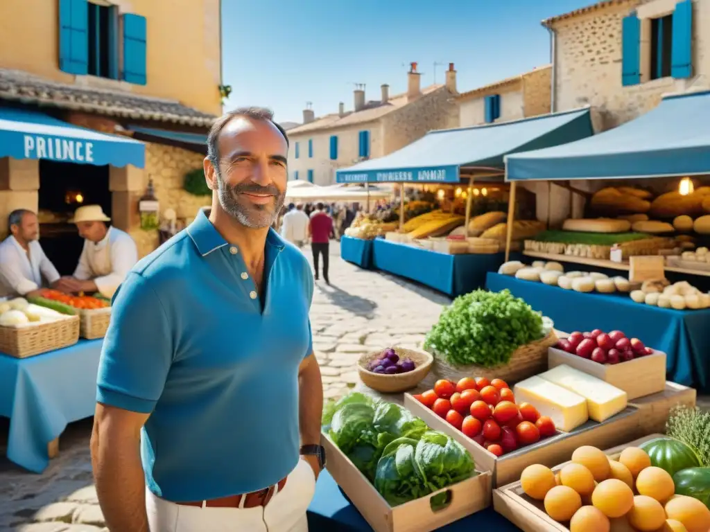 Mercado de Provence: Colores y Sabores Mediterráneos Un mercado al aire libre en Provenza, Francia, muestra la esencia de la cocina mediterránea francesa tradicional