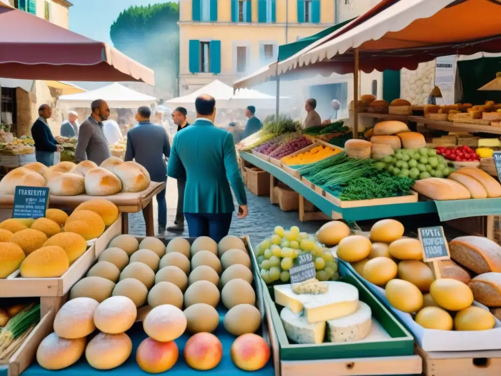 Mercado al aire libre en Provenza, con puestos coloridos de productos frescos, quesos locales y hierbas aromáticas bajo el sol mediterráneo