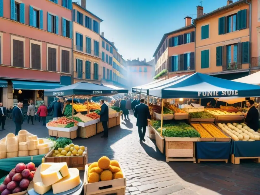 Mercado al aire libre en Toulouse con puestos de alimentos frescos y chefs locales, reflejando la vibrante cultura culinaria de la ciudad