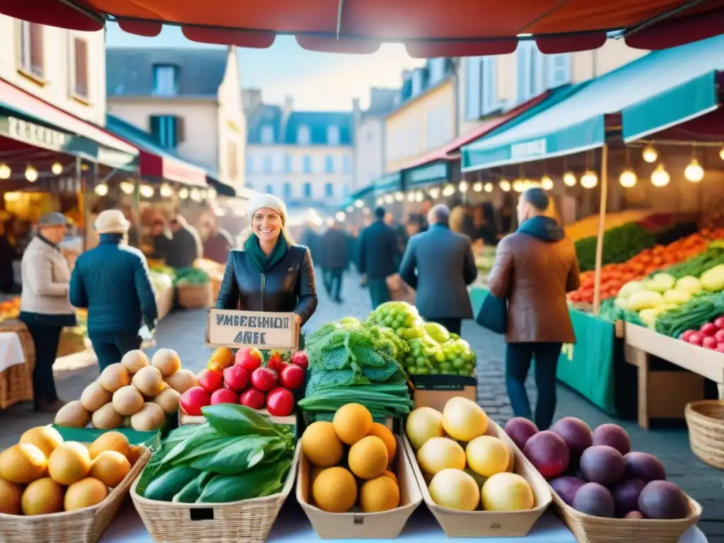 Mercado al aire libre en Francia con puestos de colores ofreciendo productos frescos y orgánicos