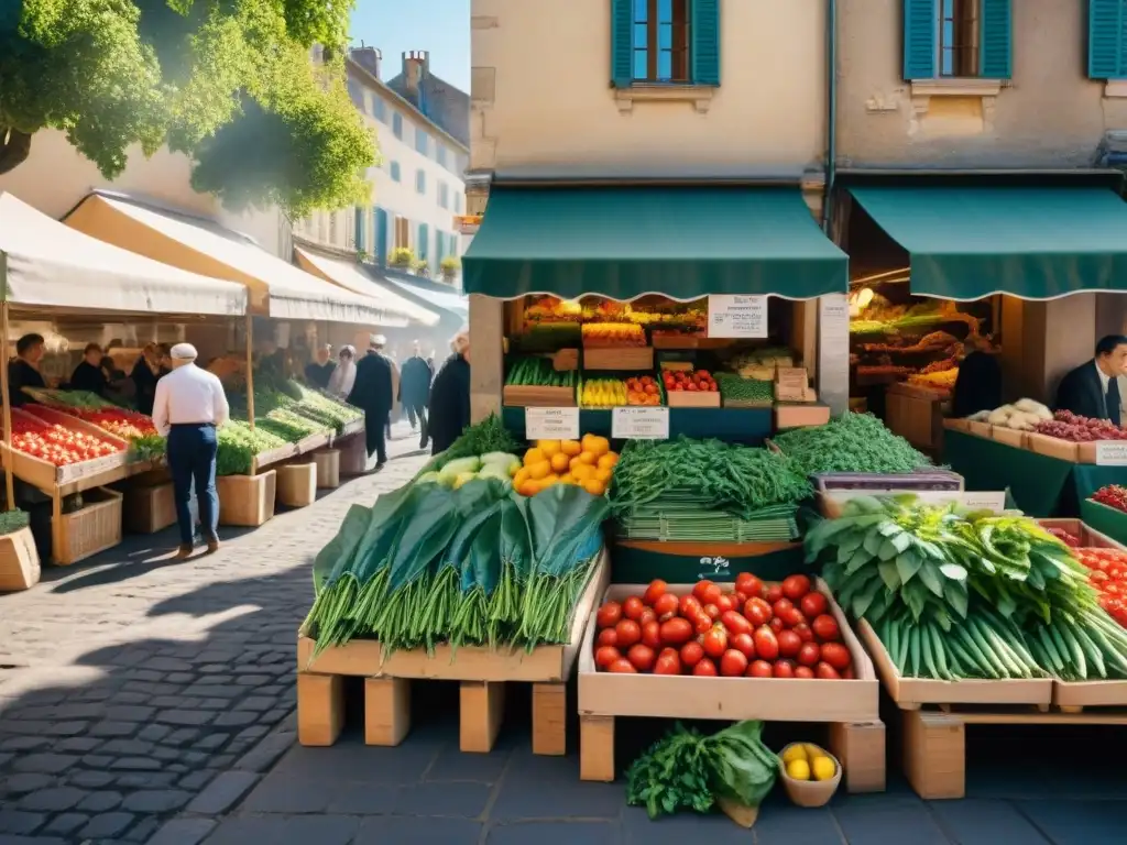 Un mercado al aire libre en Francia con puestos de verduras frescas y coloridas para platos vegetarianos franceses deliciosos