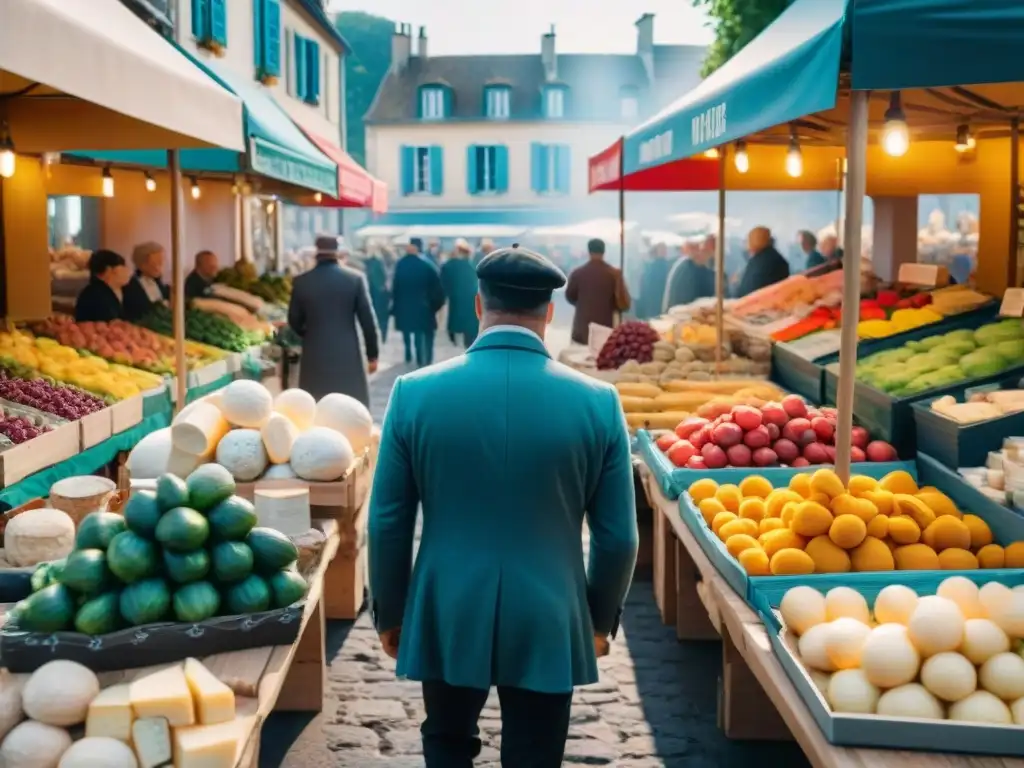 Un mercado al aire libre en Francia rebosante de vida y color, con productos frescos y quesos artesanales