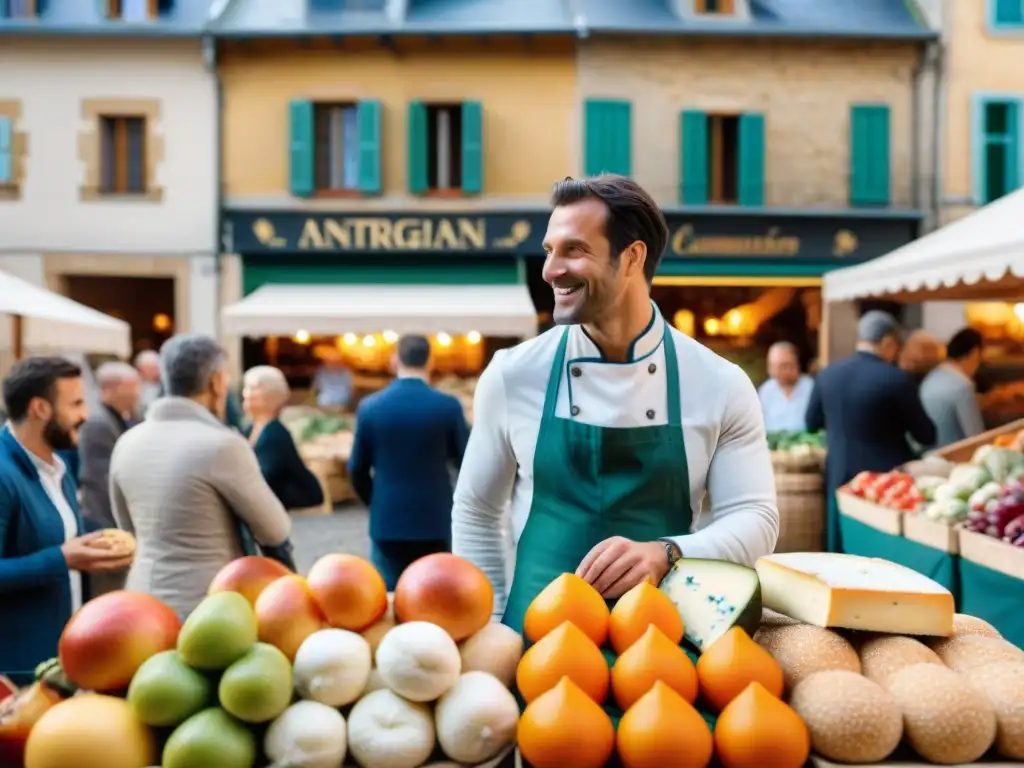 Un mercado al aire libre en Francia rebosante de coloridos puestos con productos frescos y quesos artesanales