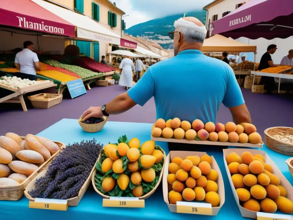 Un mercado al aire libre en Niza, Francia, rebosante de productos frescos y coloridos, capturando la esencia de la gastronomía francesa en Niza