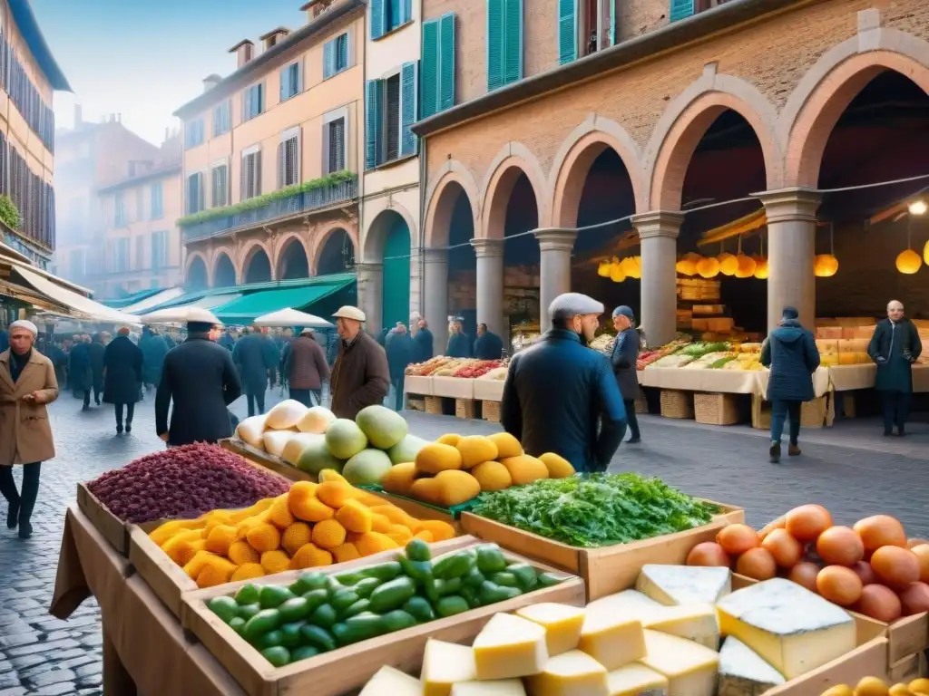 Un mercado al aire libre en Toulouse, Francia, rebosante de productos frescos y quesos locales, bajo edificios de piedra