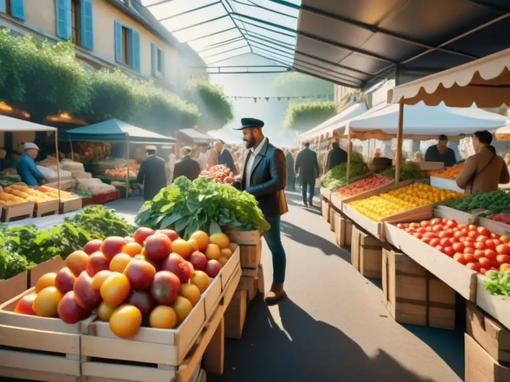 Un mercado al aire libre en Francia rebosante de ingredientes frescos, donde locales compran y charlan con vendedores bajo la luz del sol