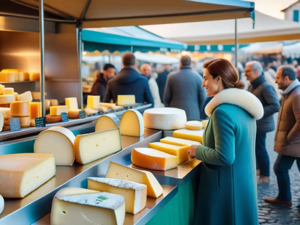 Un mercado al aire libre en Francia rebosante de productos lácteos locales