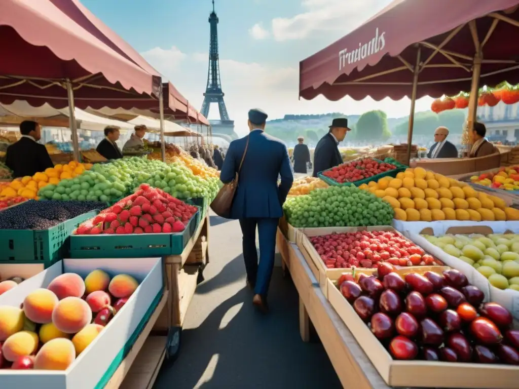 Un mercado al aire libre en Francia rebosante de frutas y verduras regionales francesas, con la Torre Eiffel al fondo