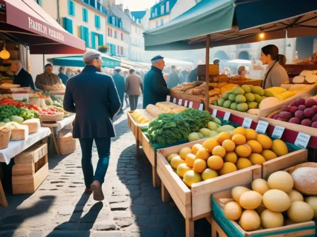 Un mercado al aire libre en Francia rebosante de vida y color, con frutas, verduras, quesos y pan recién horneado