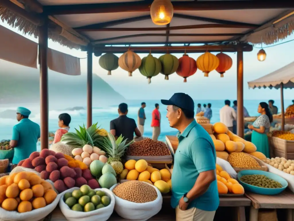 Un mercado al aire libre en Reunión, reflejando la influencia culinaria de la isla con colores, frutas exóticas y música tradicional