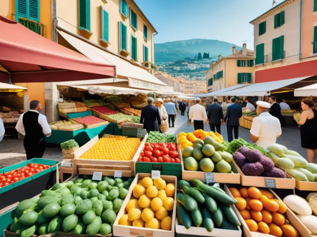 Un mercado al aire libre en la Riviera Francesa repleto de alimentos frescos y coloridos, destacando la alimentación saludable Riviera Francesa