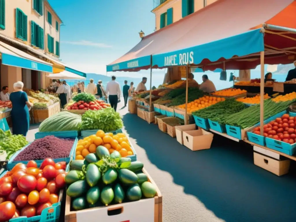 Un mercado al aire libre en la Riviera Francesa con puestos de alimentos frescos y coloridos, evocando una alimentación saludable