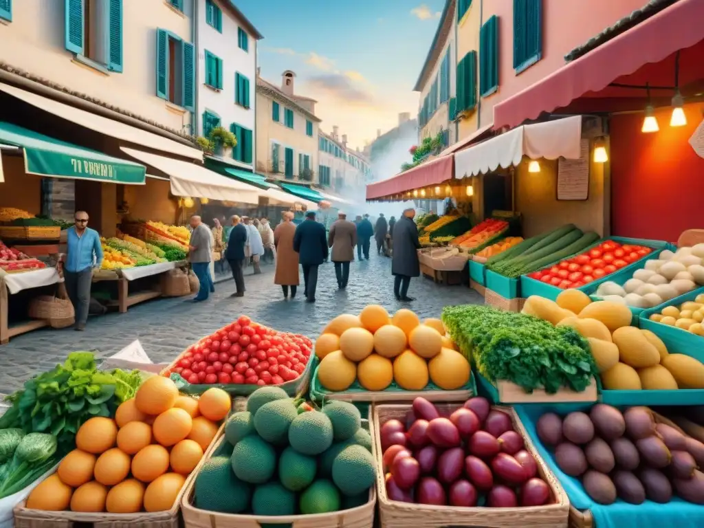 Un mercado al aire libre en la Riviera Francesa, lleno de frutas y verduras vibrantes