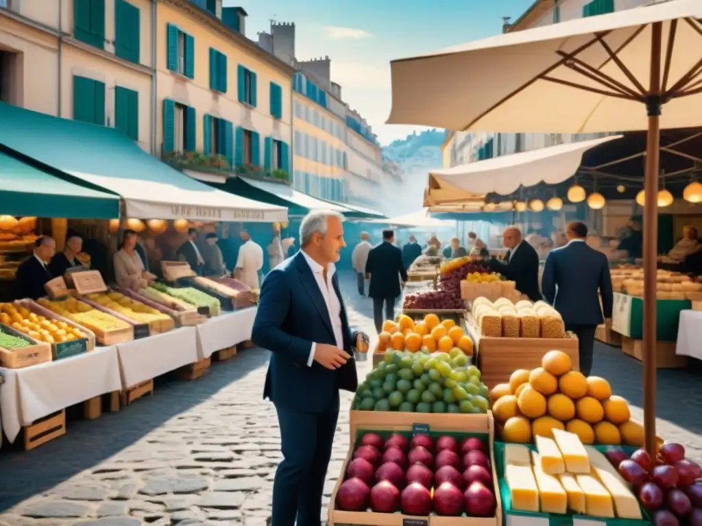 Un mercado al aire libre en la Riviera Francesa muestra una vibrante variedad de delicias tradicionales y modernas