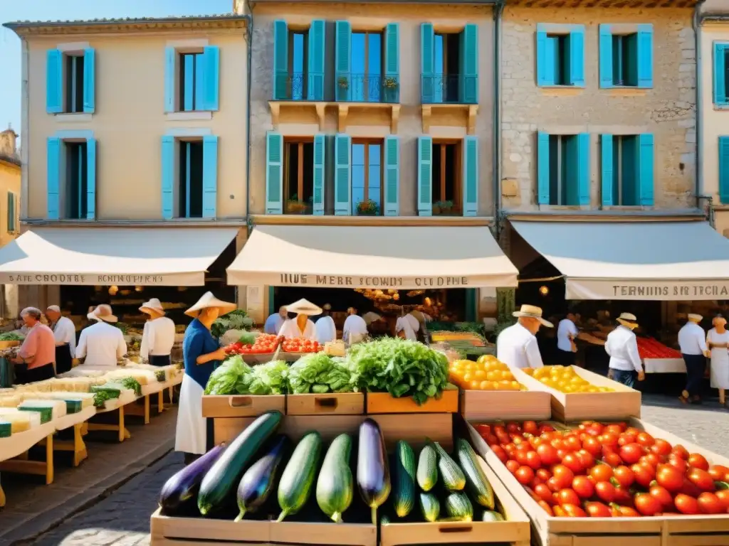 Un mercado al aire libre en el sur de Francia rebosante de coloridos productos frescos, quesos locales y pan artesanal