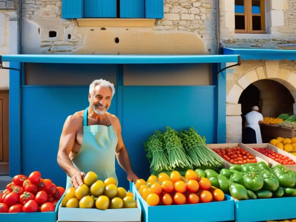 Un mercado al aire libre en el suroeste de Francia, con productos frescos y vendedores locales en un ambiente tradicional