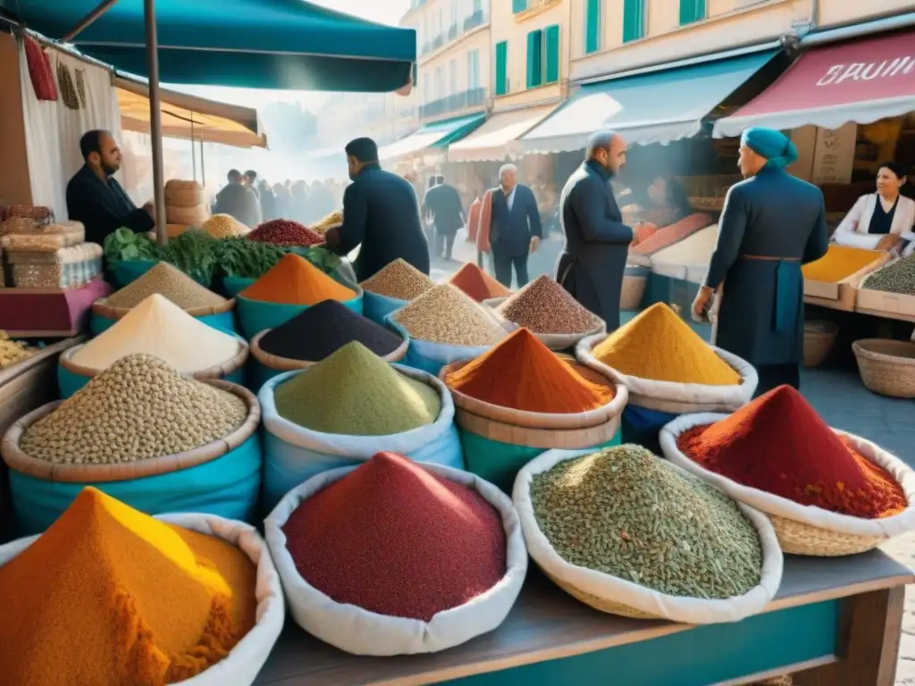 Un mercado al aire libre en Marsella con una variedad de especias vibrantes en cestas tejidas