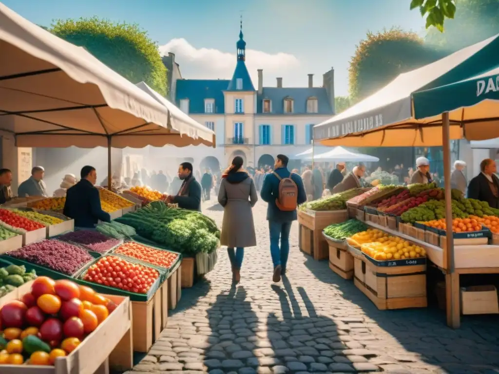 Un mercado al aire libre en Francia con verduras frescas y un castillo al fondo