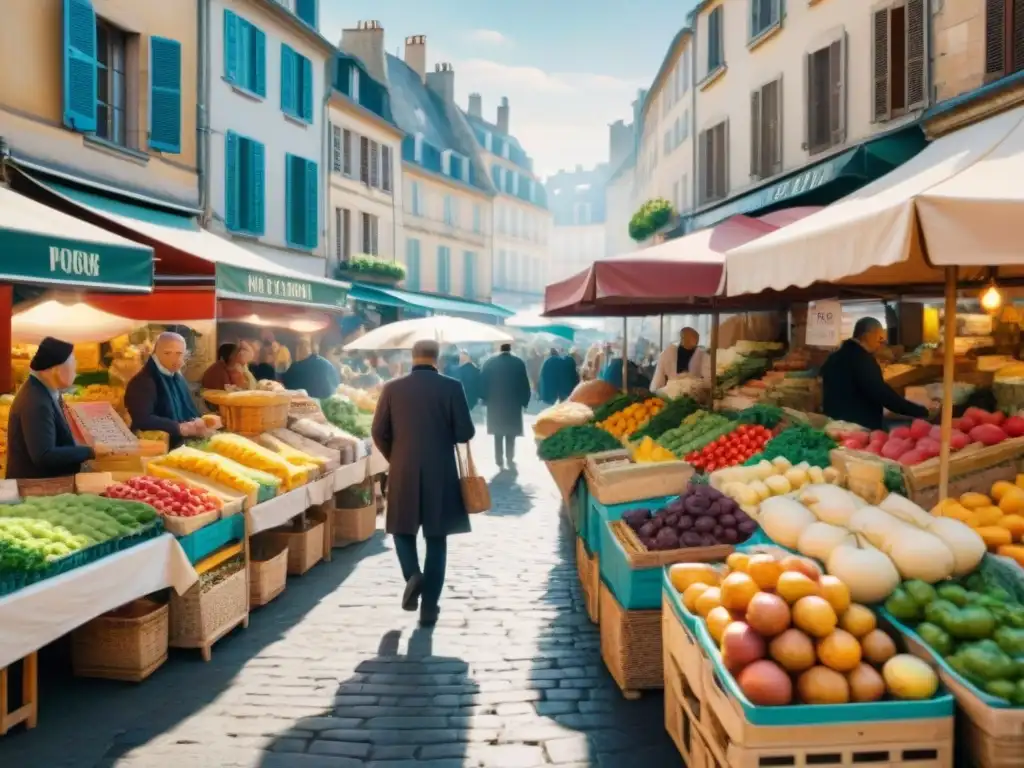 Mercado al aire libre en Francia: vibrante escena de frutas, verduras, quesos y baguettes