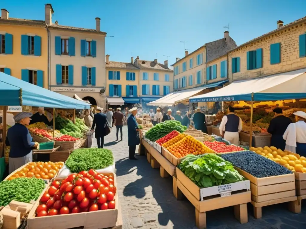 Un mercado al aire libre vibrante en Provenza, Francia, lleno de puestos coloridos de frutas y verduras