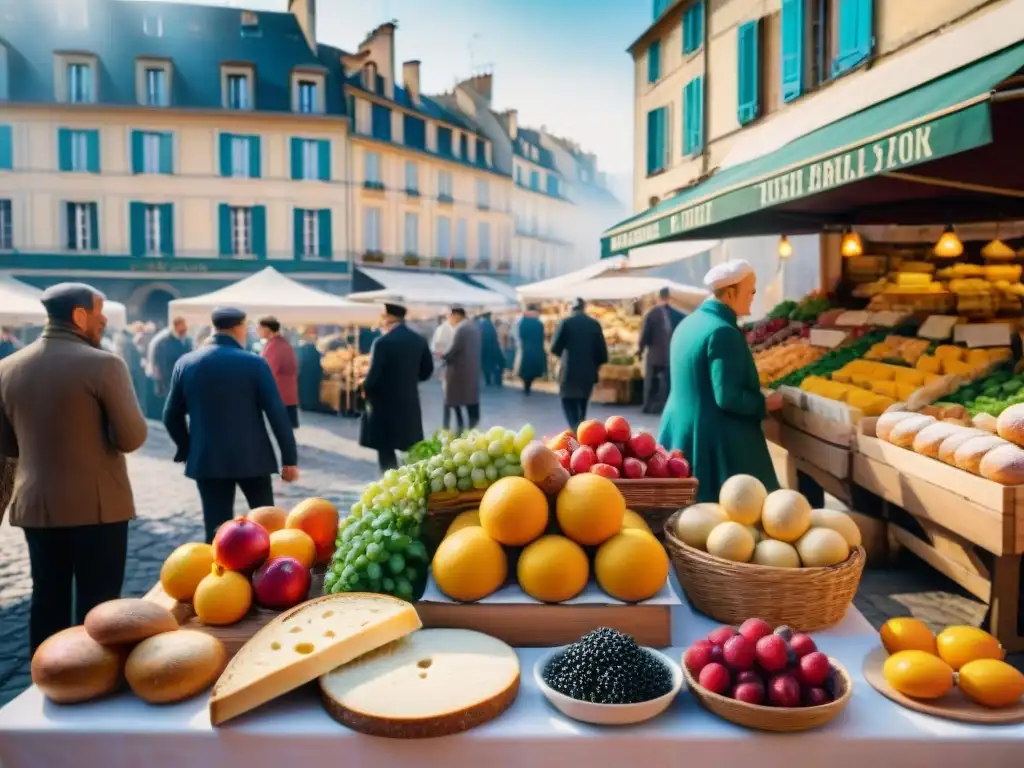 Un mercado al aire libre vibrante en Francia con una diversidad de alimentos coloridos y gente variada