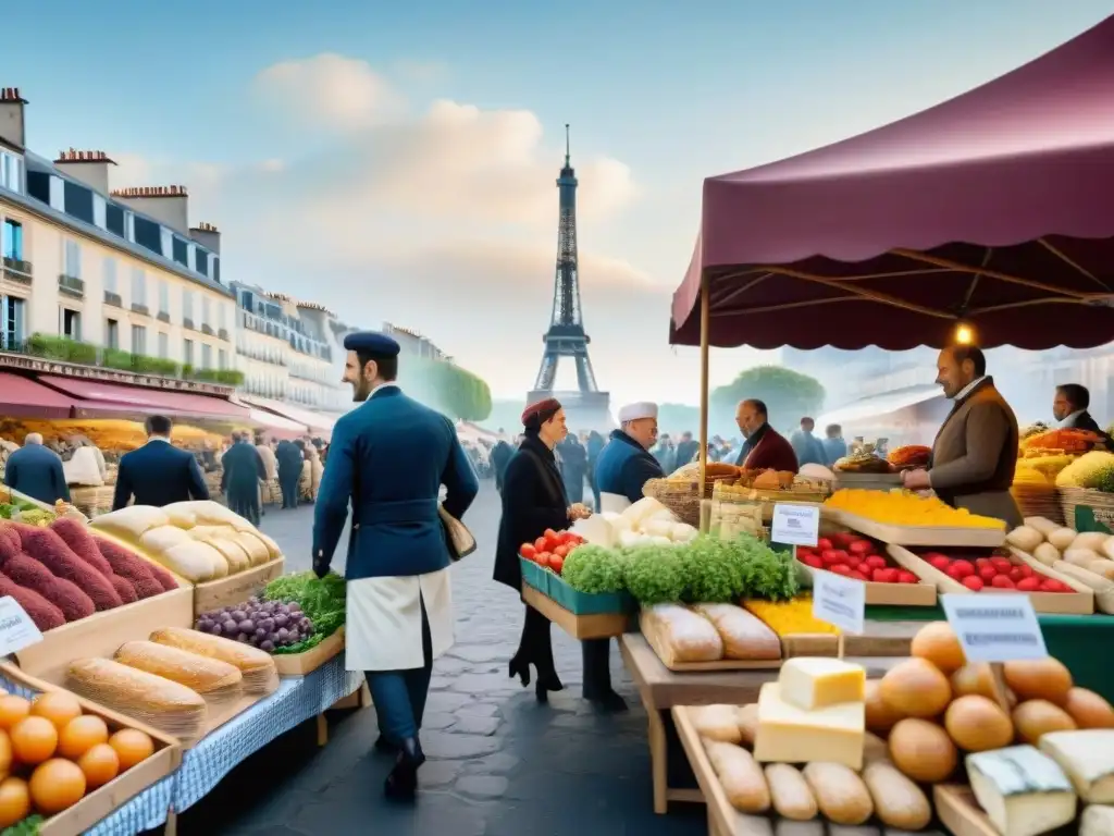 Un mercado al aire libre en Francia con vibrante gastronomía y la Torre Eiffel al fondo