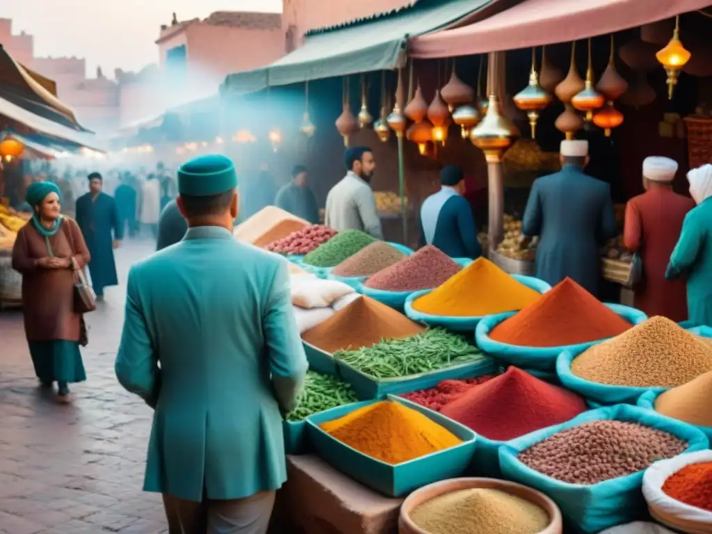 Un mercado al aire libre en Marrakech con vibrantes puestos rebosantes de especias y tagines marroquíes